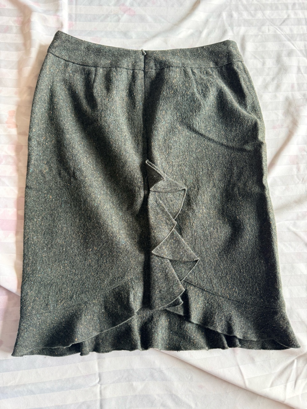 Club Monaco Dark Olive Wool Blend Pencil Skirt with Flounce Hem